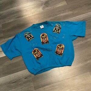 Vintage Cal Cru Jukebox Musical Note Teal Blue Bubble Hem T-Shirt OSFA
